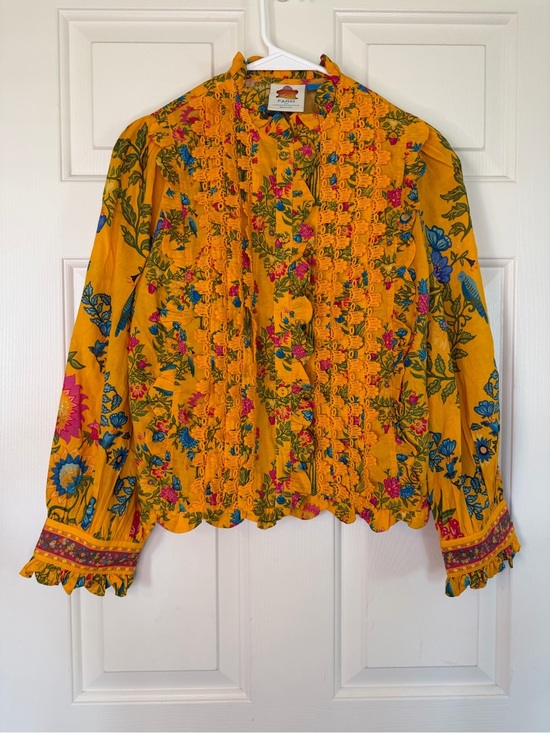 FARM Rio Tops - FARM Rio x Anthropologie Yellow Floral Puff-Sleeve Ruched Lace Blouse - size XS